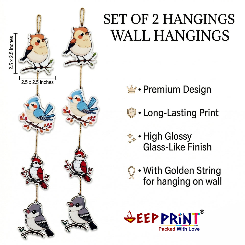et of 2 Bird Theme Wall Hanging | Cute Decorative Hanging for Home Decor | Premium Glossy Printed MDF Wall Decor with Golden String | Living Room, Bedroom, Kids Room Decoration