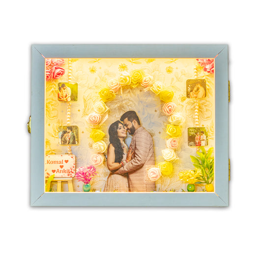 Customized Miniature Photo Frame with LED Lights, 14x10 Inches, Blue Border, Decorative Shadow Box with Floral Design (Love-01)