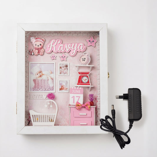 DEEP PRINT Personalized Baby Memory Box 14x10 Inches Photo Frame for Newborns, Openable Front for Customization, Working LED Lights with Provider Adapter (Baby Girl)