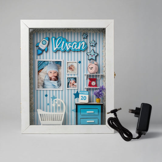 DEEP PRINT Personalized Baby Memory Box 14x10 Inches Photo Frame for Newborns, Openable Front for Customization, Working LED Lights with Provider Adapter (Baby Boy)