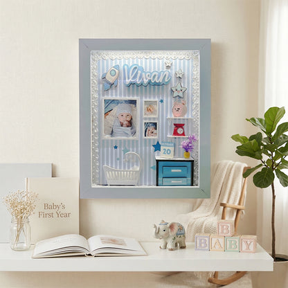 DEEP PRINT Personalized Baby Memory Box 14x10 Inches Photo Frame for Newborns, Openable Front for Customization, Working LED Lights with Provider Adapter (Baby Boy)