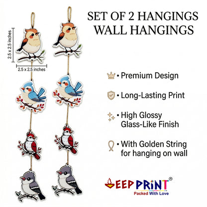 et of 2 Bird Theme Wall Hanging | Cute Decorative Hanging for Home Decor | Premium Glossy Printed MDF Wall Decor with Golden String | Living Room, Bedroom, Kids Room Decoration