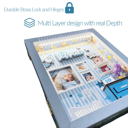 DEEP PRINT Personalized Baby Memory Box 14x10 Inches Photo Frame for Newborns, Openable Front for Customization, Working LED Lights with Provider Adapter (Baby Boy)