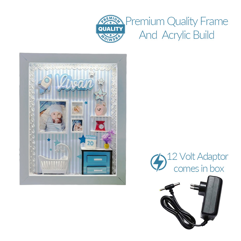 DEEP PRINT Personalized Baby Memory Box 14x10 Inches Photo Frame for Newborns, Openable Front for Customization, Working LED Lights with Provider Adapter (Baby Boy)